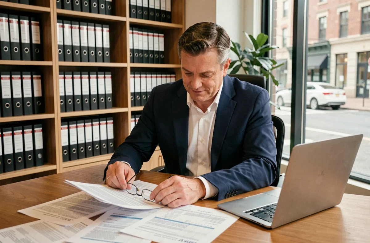 Conseiller immobilier analysant les documents fiscaux liés à la vente d'un bien locatif et au calcul de la plus-value