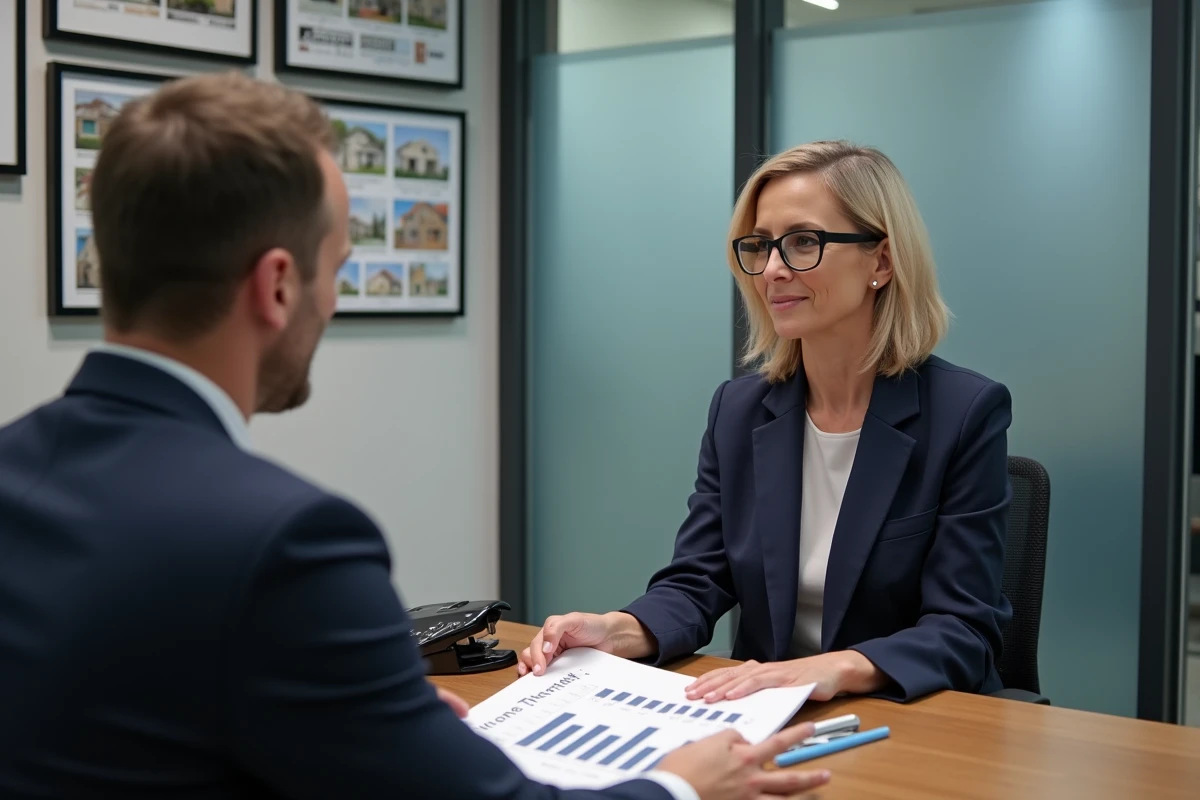 Conseillère immobilière expliquant les seuils de ressources loi Pinel à un client dans une agence