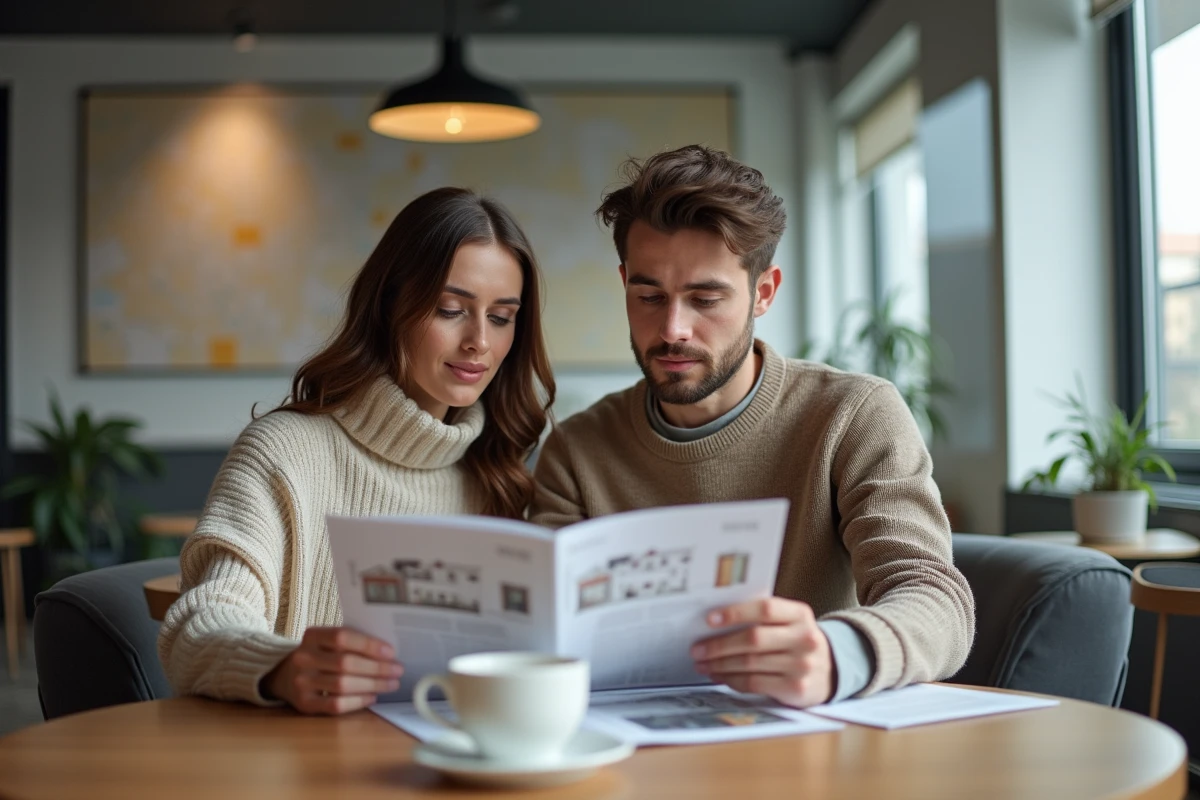 Jeune couple examinant brochure immobiliere à Lyon