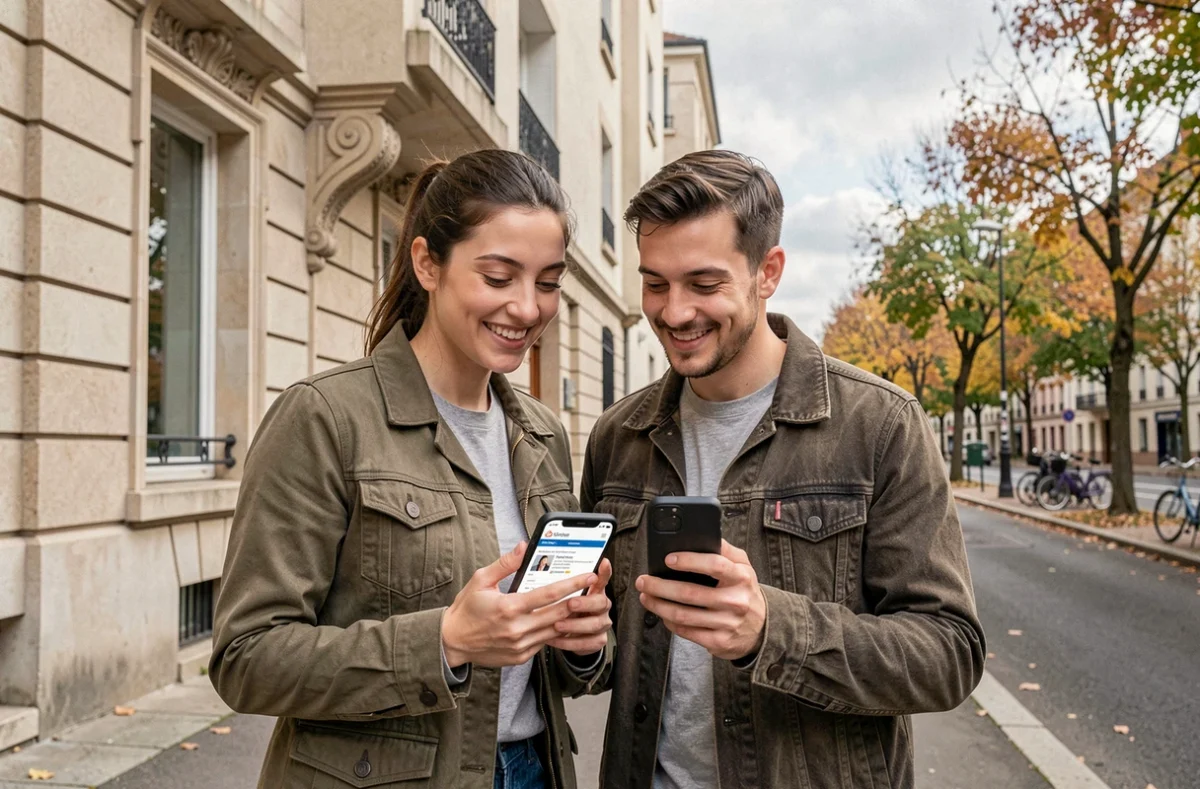 Couple recherchant une assurance habitation sur smartphone devant un immeuble de Villeurbanne