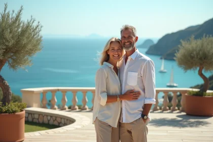 Couple souriant sur terrasse avec vue sur la mer