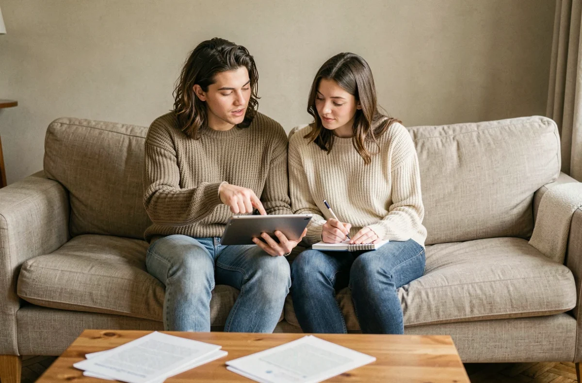 Couple comparant des offres d'assurance habitation sur une tablette dans leur salon