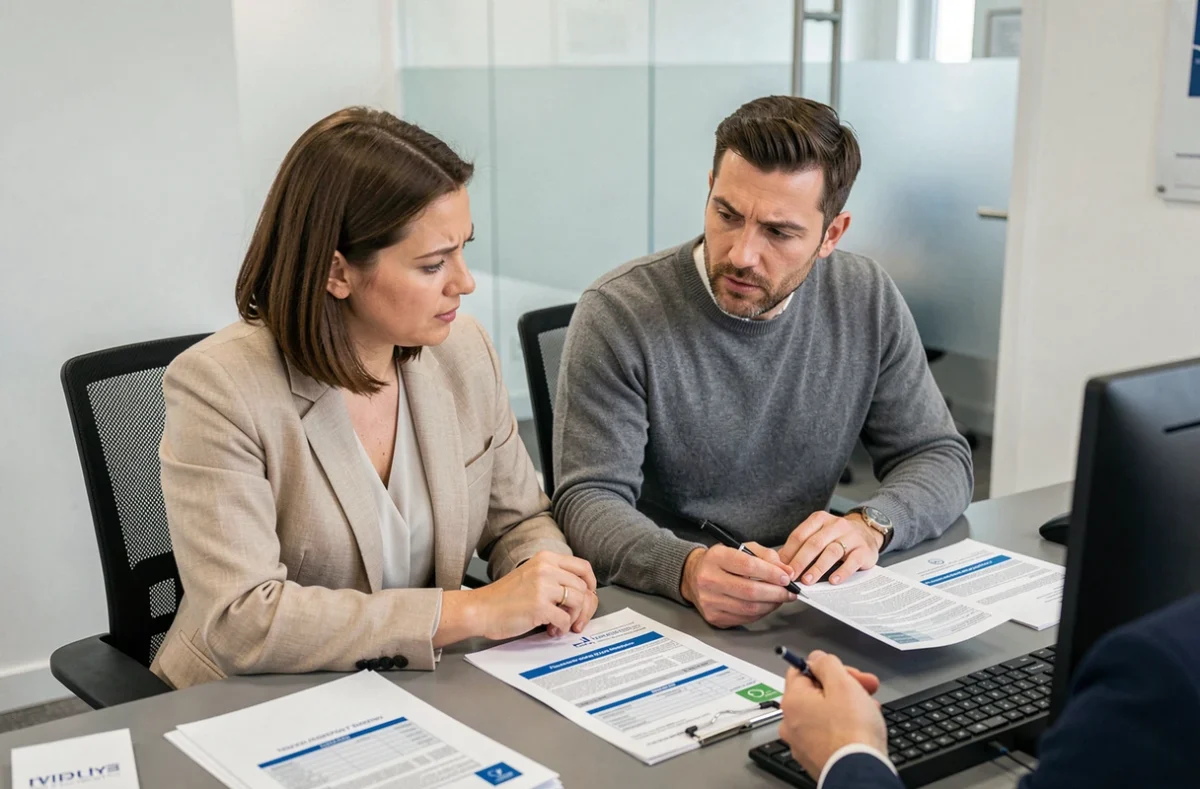 Couple consultant un conseiller bancaire pour financer les frais de notaire d'un rachat de parts en indivision
