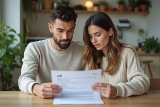Jeune couple examinant un contrat EDF dans un appartement lumineux