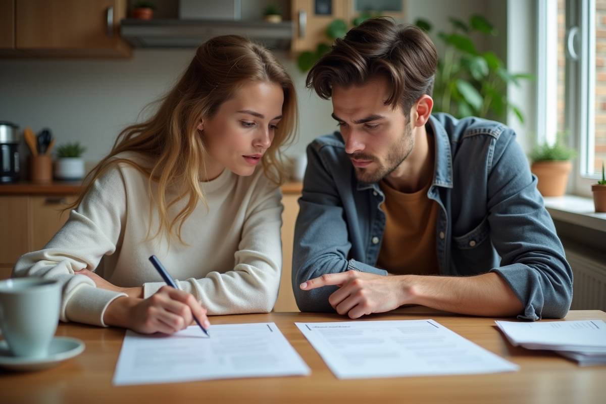 Jeune couple examinant des documents de prêt immobilier à la maison
