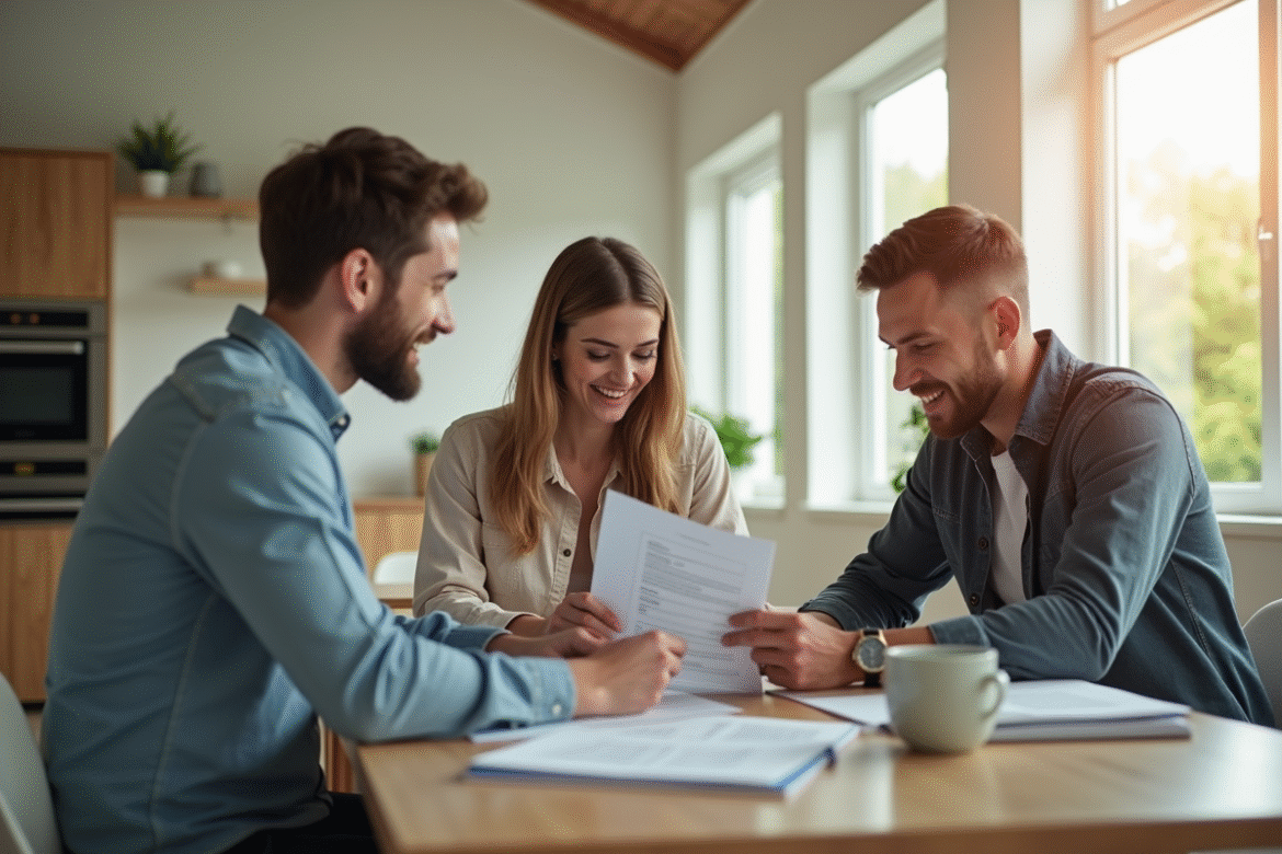 Jeune couple professionnel examinant des documents de prêt à la maison