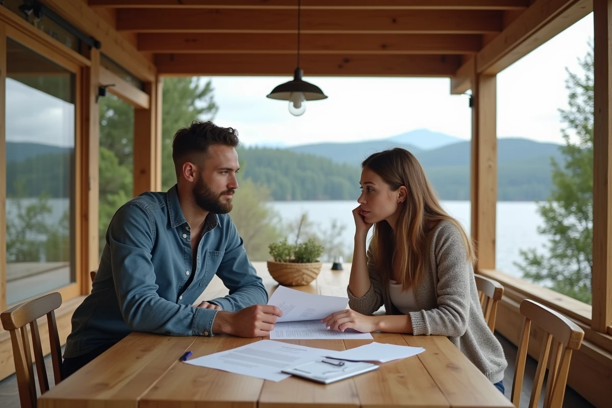 Jeune couple discutant de documents dans une maison au bord du lac