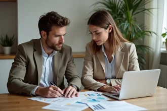 Couple étudiant les plafonds de ressources loi Pinel autour d'une table avec documents et ordinateur portable