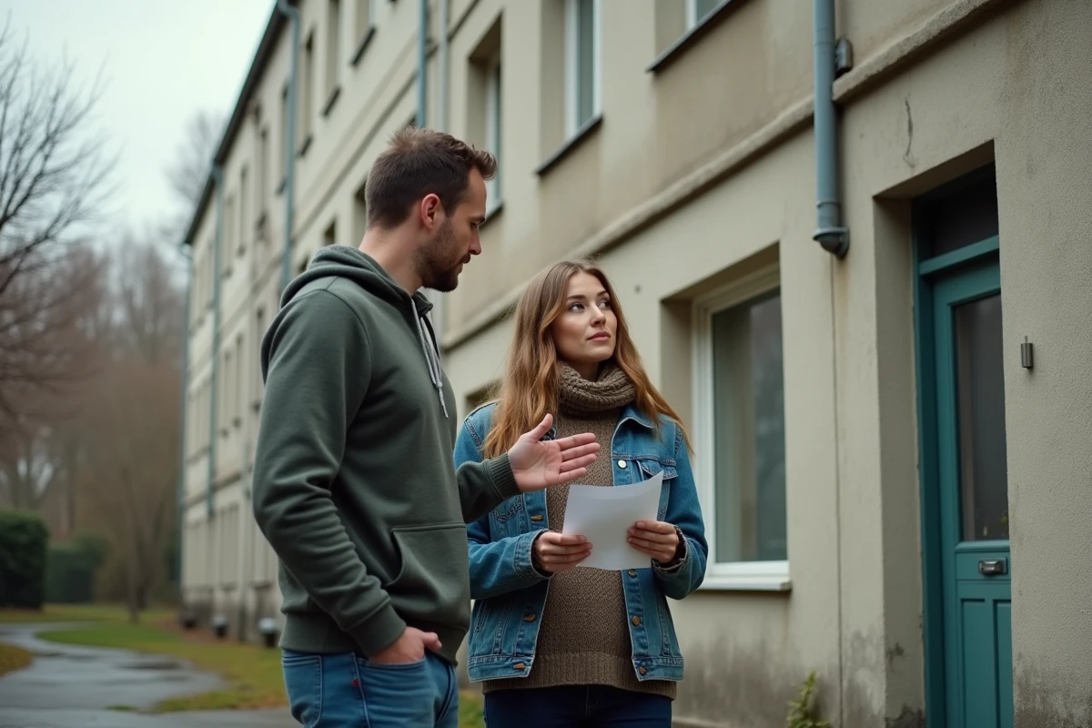 Couple devant un immeuble HLM tenant une lettre d'attribution de logement social avec une expression hésitante