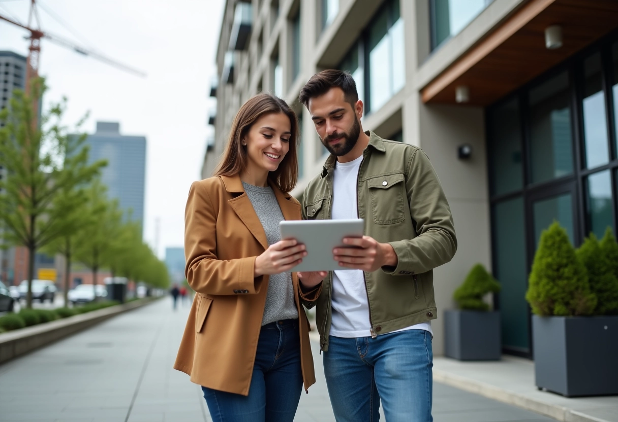 Jeune couple regardant une tablette devant un immeuble