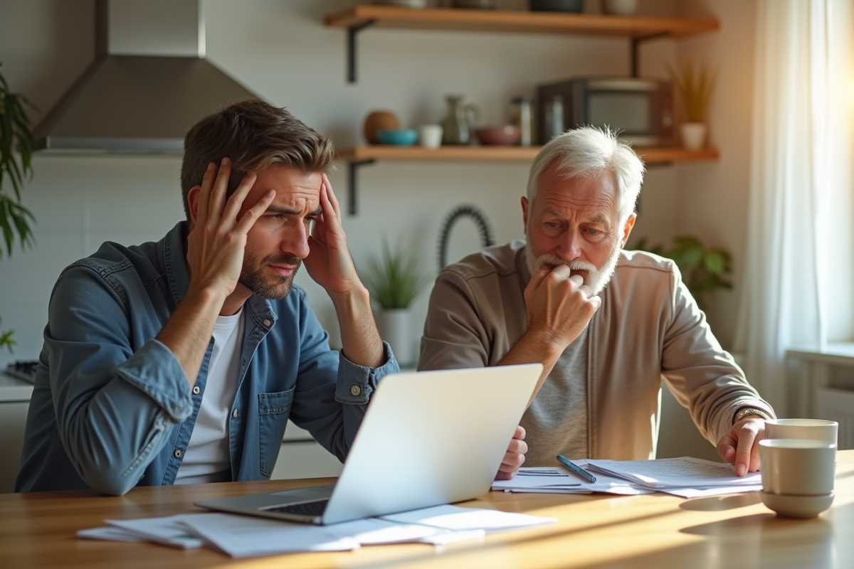 Couple inquiet regardant des papiers de pret à la maison