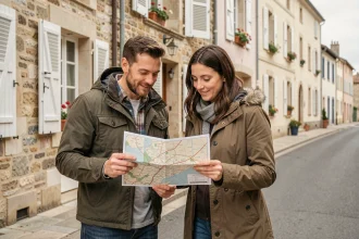 Couple consultant un plan dans une rue résidentielle calme de Romans-sur-Isère avant de s'installer dans le quartier