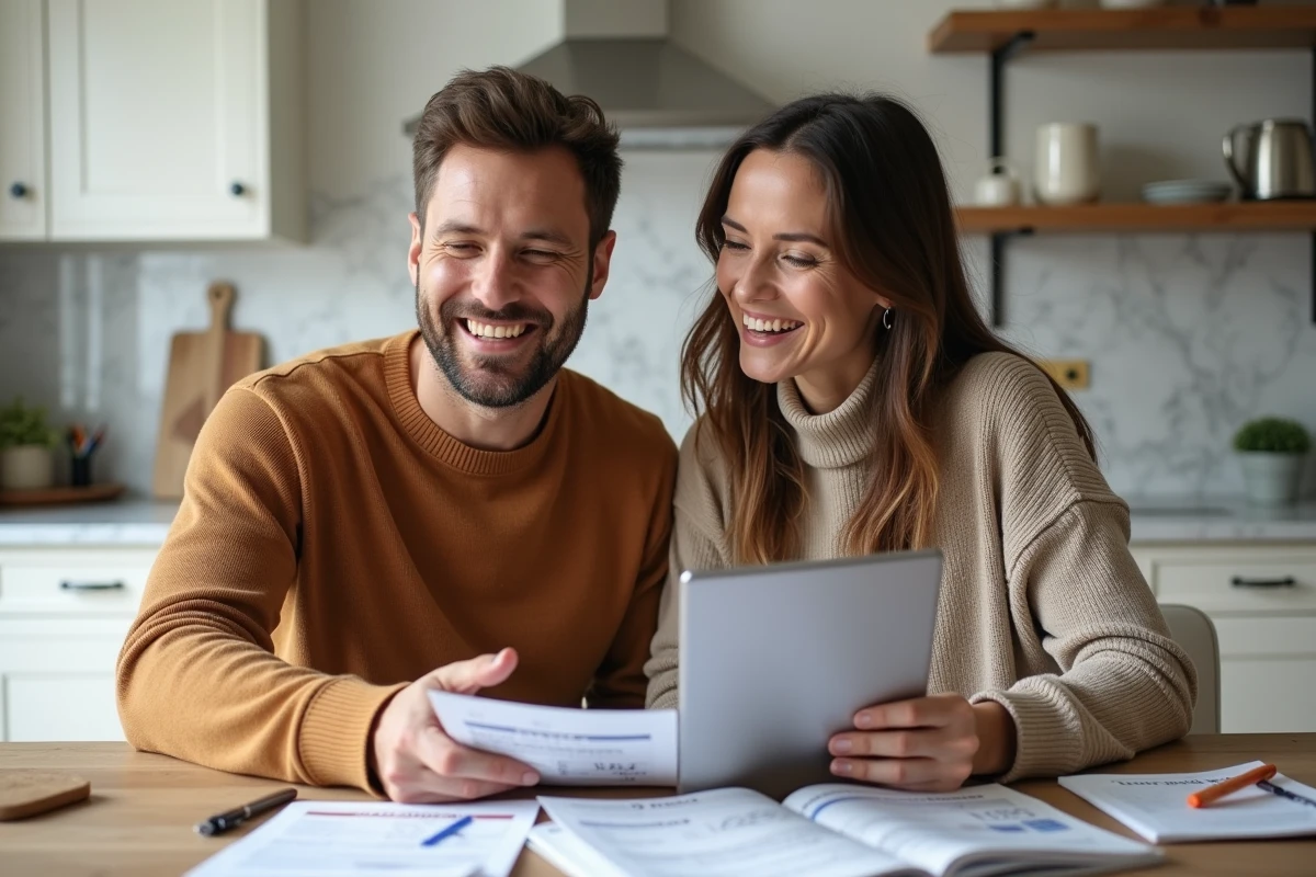 Couple étudiant des documents d'investissement locatif autour d'une table dans une cuisine moderne