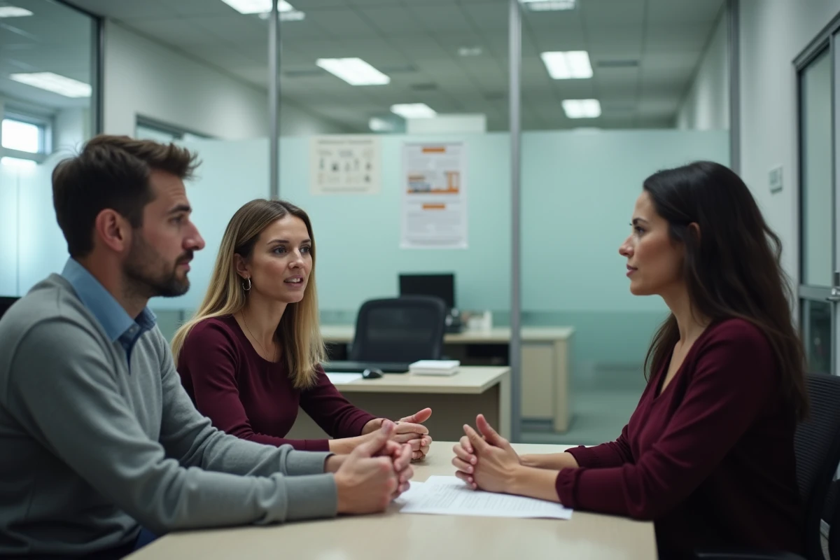 Couple en rendez-vous avec un conseiller de commission d'attribution de logement social dans un bureau administratif