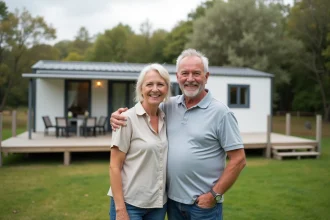 Couple de retraités devant leur mobil-home installé sur terrain privé en France