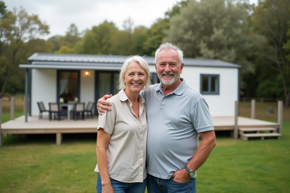 Couple de retraités devant leur mobil-home installé sur terrain privé en France