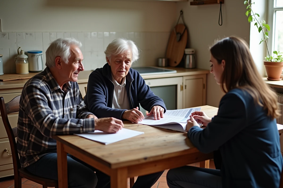 Couple de retraités rencontrant une conseillère pour discuter du don gratuit de leur maison via un dispositif public d'aide au logement