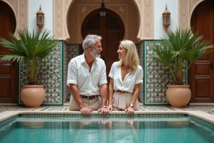 Couple souriant près de la piscine dans un riad marocain