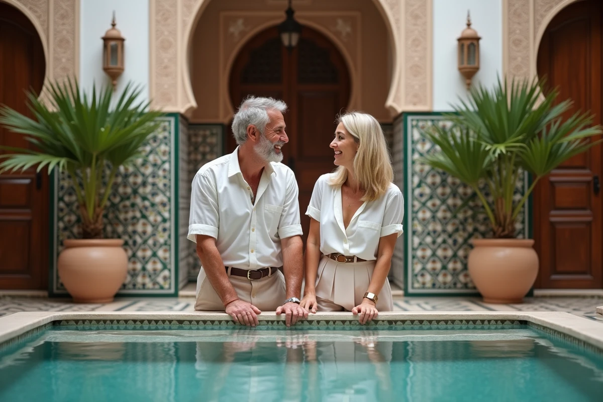 Couple souriant près de la piscine dans un riad marocain