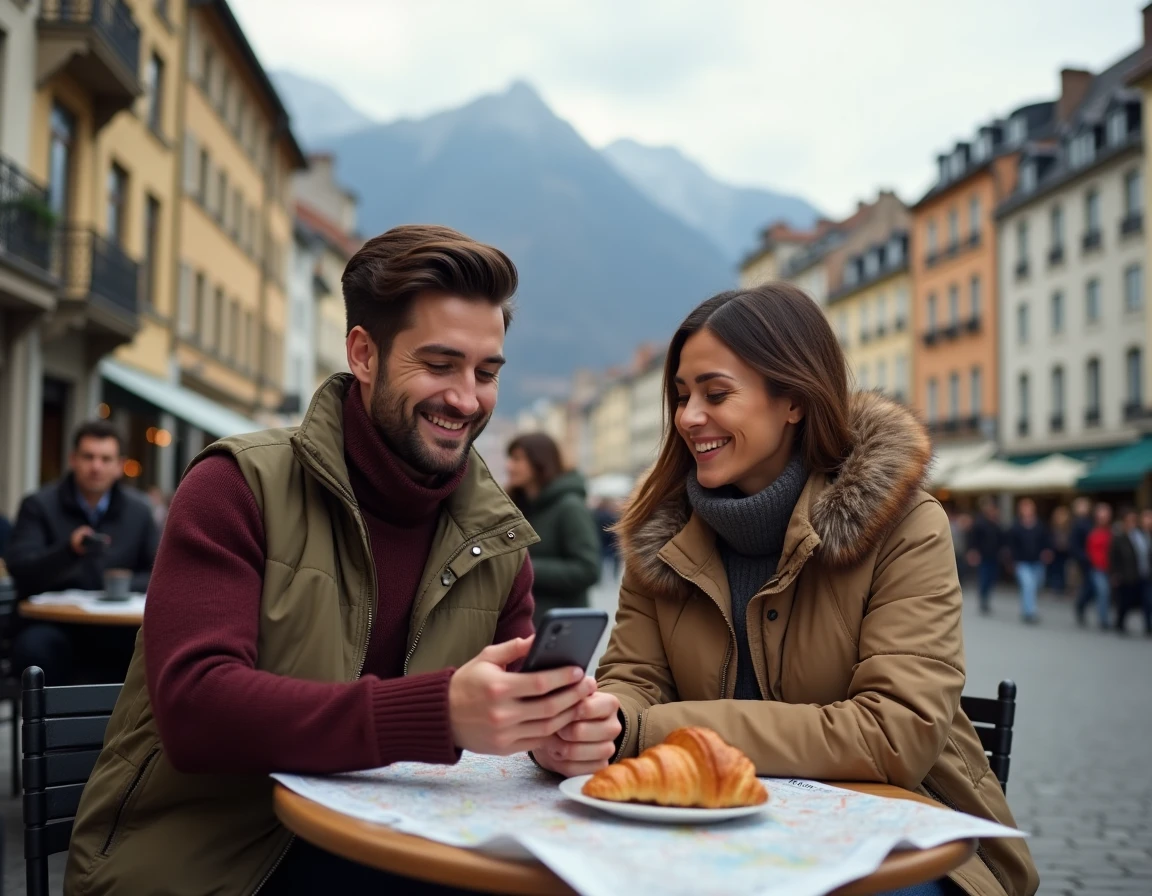 Couple installé en terrasse place Grenette à Grenoble avec vue sur les massifs montagneux en arrière-plan