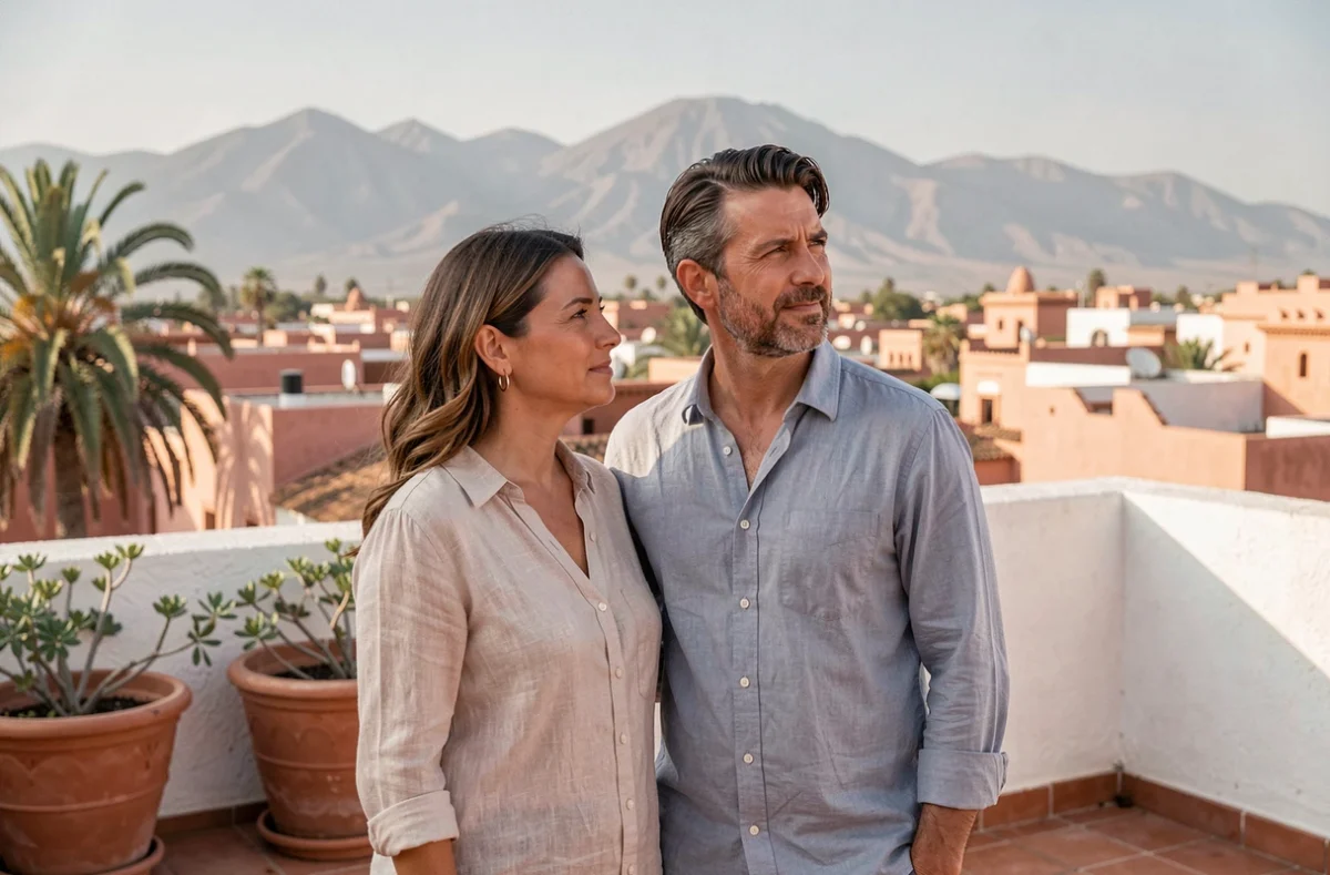Couple de propriétaires sur une terrasse de villa à Marrakech avec vue sur les montagnes de l'Atlas pour une résidence secondaire