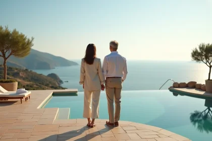 Couple contemplant une vue mer panoramique depuis la terrasse d'une villa côtière moderne, illustrant l'attrait des maisons vue mer à la revente