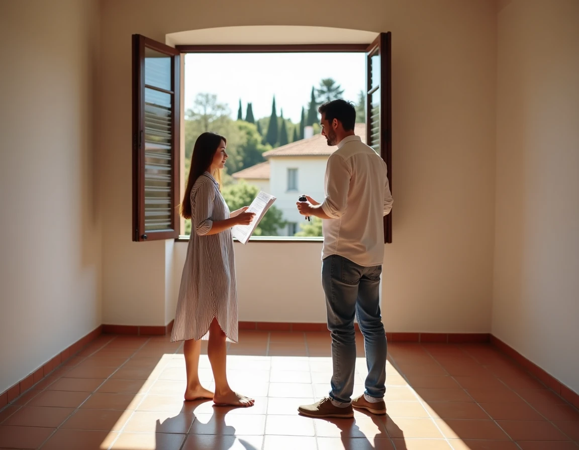 Couple de locataires visitant un appartement vide dans le sud de la France, tenant des clés et une annonce immobilière
