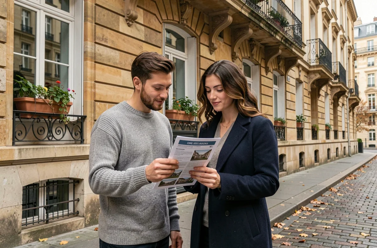 Couple visitant un immeuble haussmannien à Lyon avec une annonce immobilière en main