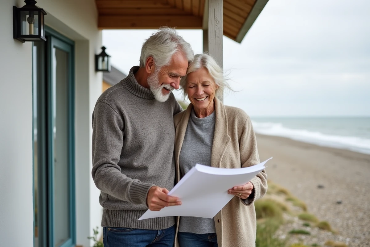 Couple visitant une maison à vendre en bord de mer en Normandie pour y vivre à l'année