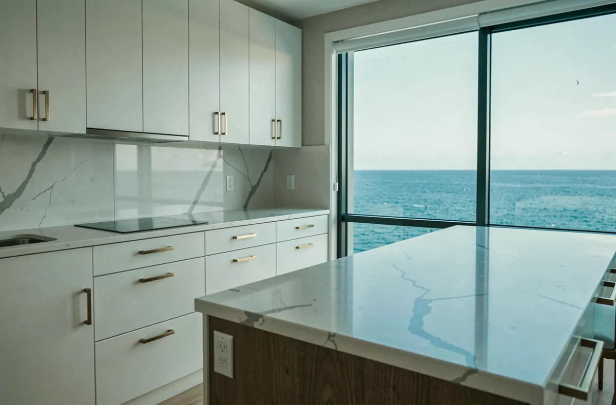 Cuisine moderne d'appartement vue sur mer avec reflet de l'océan sur le plan de travail en quartz