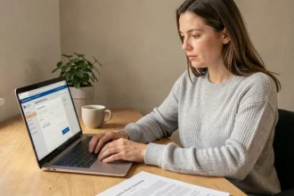 Femme effectuant une demande de logement social en ligne sur le portail AL'in depuis son bureau à domicile