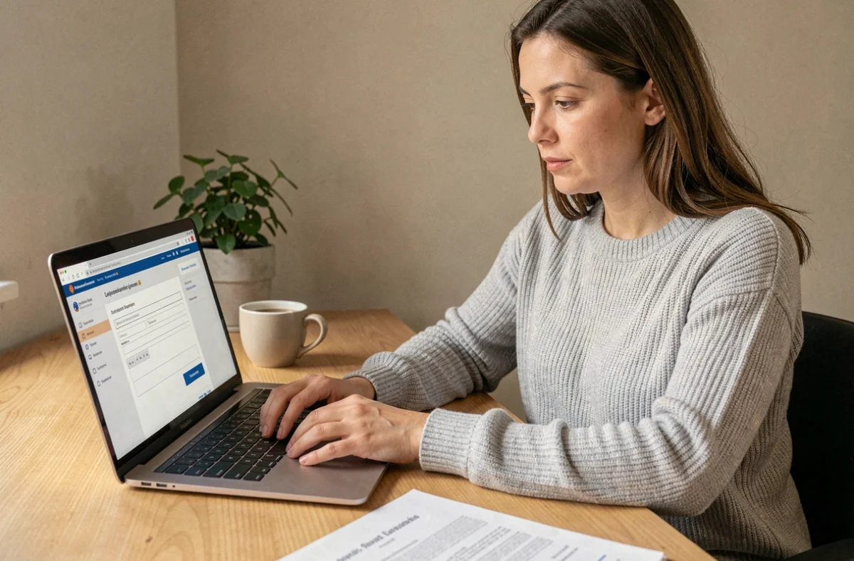 Femme effectuant une demande de logement social en ligne sur le portail AL'in depuis son bureau à domicile