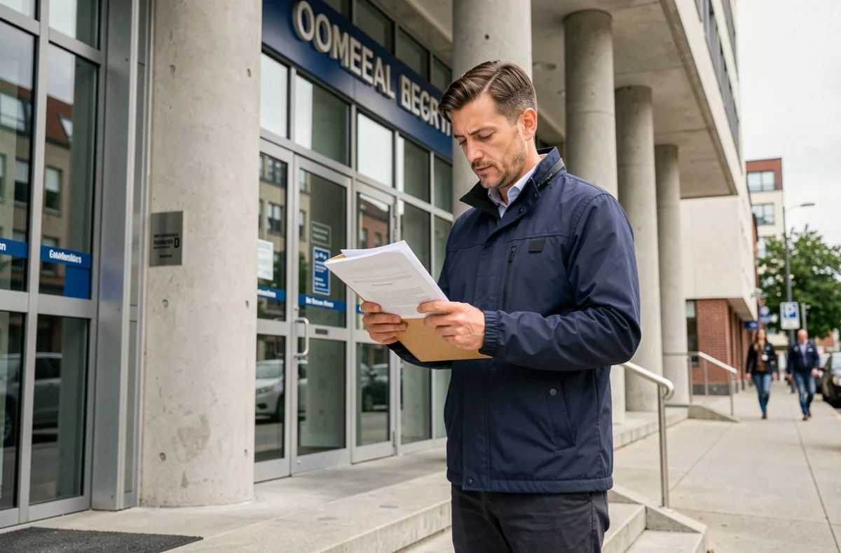 Homme consultant des documents administratifs devant un bureau du cadastre pour rechercher le propriétaire d'un bien immobilier