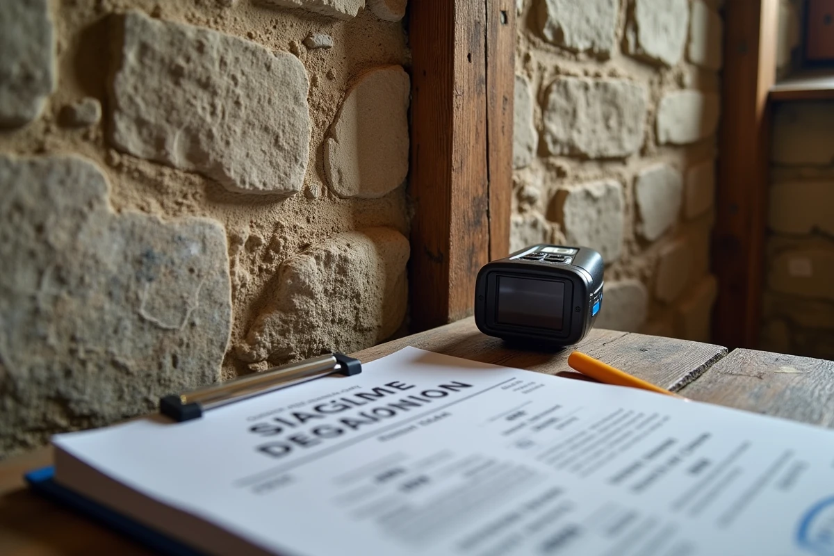 Détail d'un mur intérieur en pierre bretonne avec traces d'humidité et matériel de diagnostic immobilier posé sur une table en bois