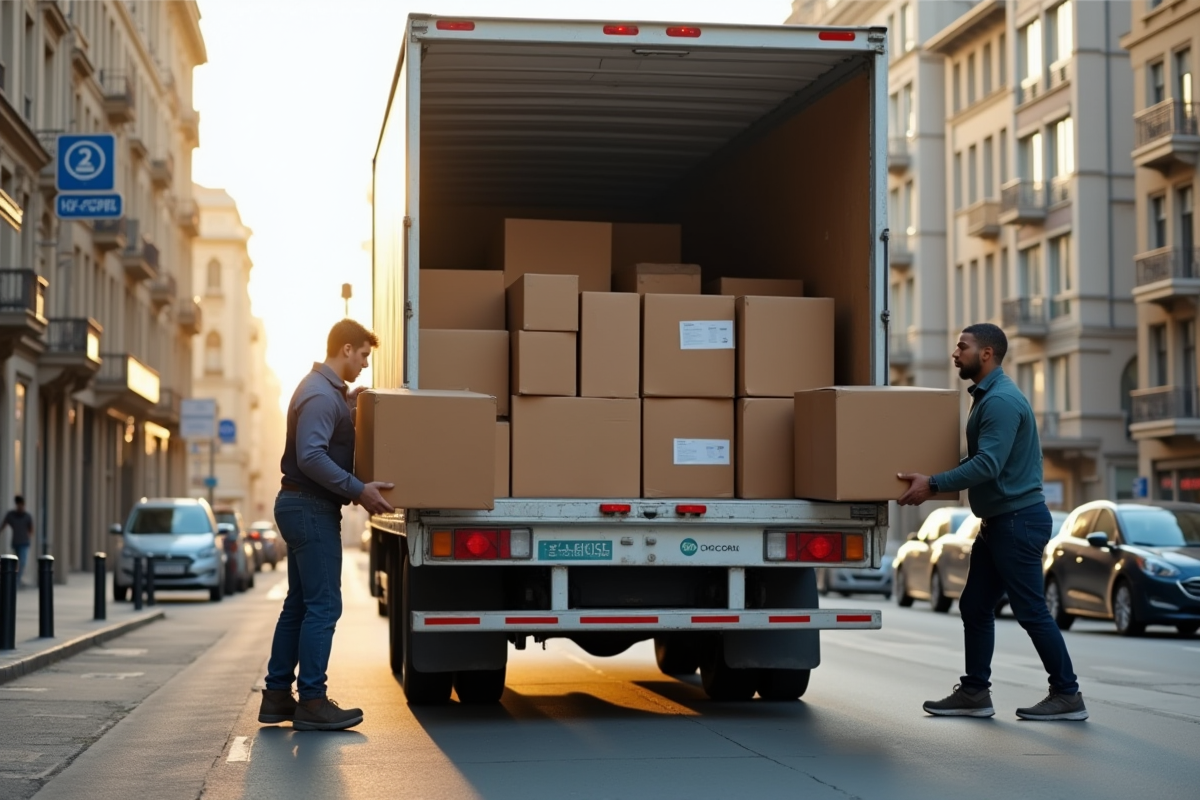 Deux personnes déchargeant des cartons dans la rue en équipe