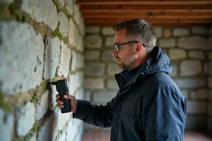 Diagnostiqueur immobilier inspectant un mur en pierre de granit dans une maison bretonne traditionnelle avec un hygromètre