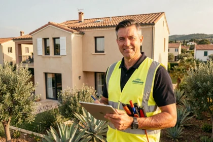 Diagnostiqueur immobilier professionnel devant une maison typique de l'Occitanie, tablette à la main, prêt à réaliser un diagnostic