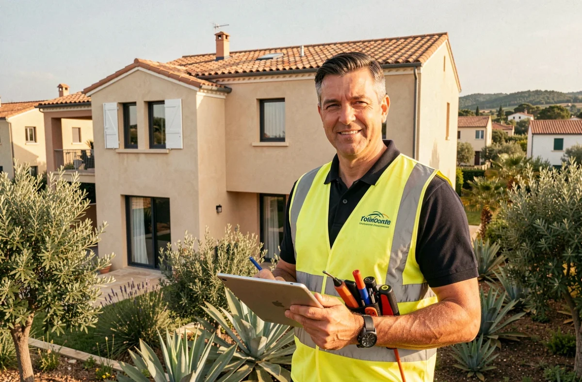 Diagnostiqueur immobilier professionnel devant une maison typique de l'Occitanie, tablette à la main, prêt à réaliser un diagnostic