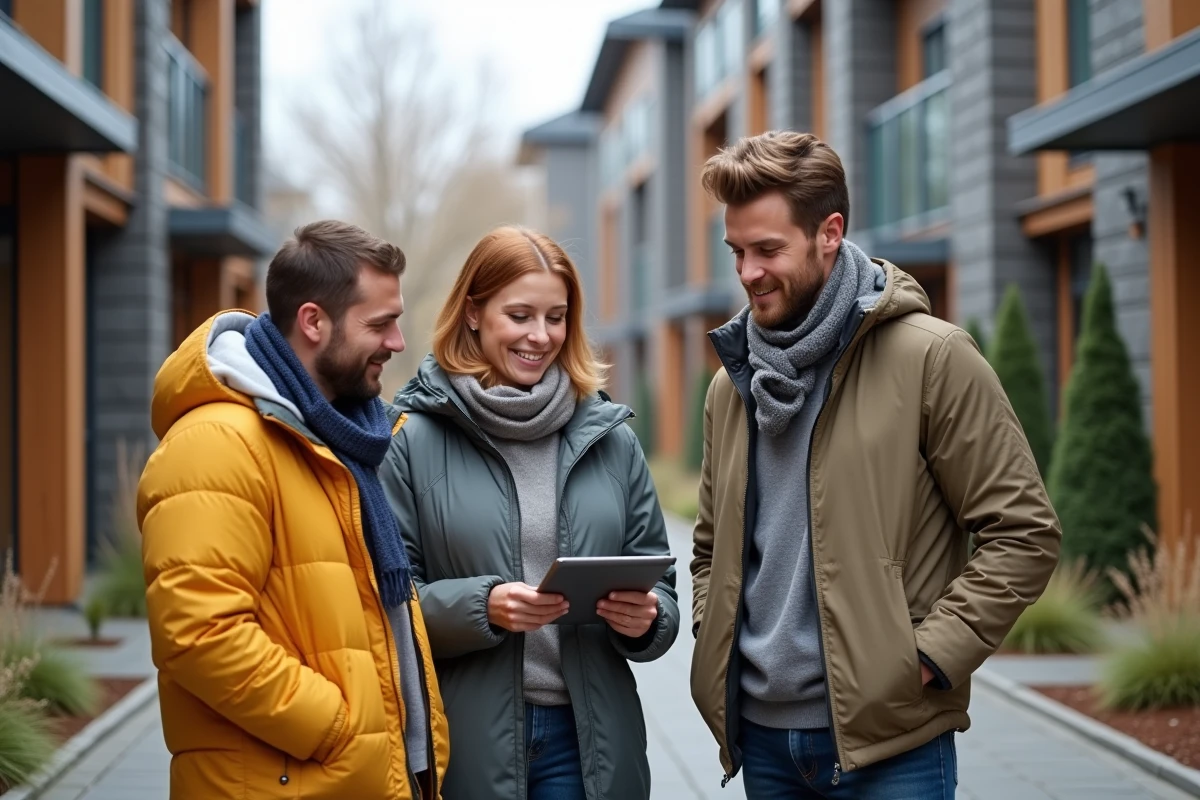 Discussion devant un immeuble écologique avec un groupe