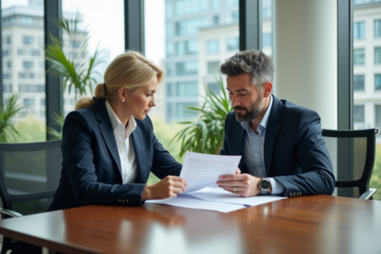 Couple d'affaires discutant de documents immobiliers en bureau