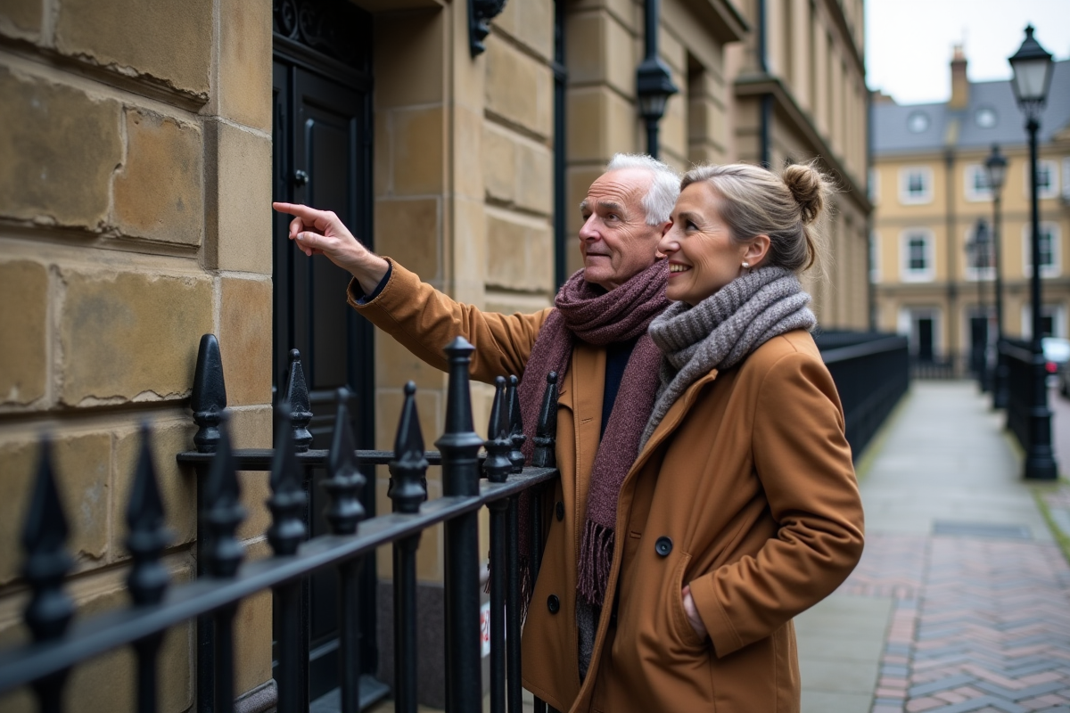Homme et femme discutant devant une maison en pierre ancienne
