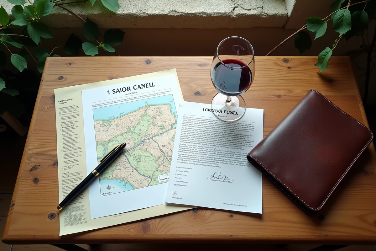 Documents officiels SAFER et acte de vente d'un vignoble bordelais posés sur un bureau en bois avec un verre de vin rouge