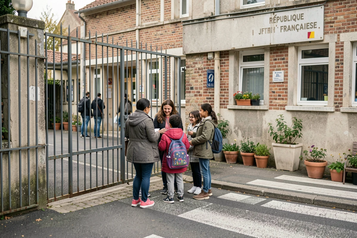 Entrée d'une école primaire à Alfortville avec parents et enfants lors de la dépose matinale