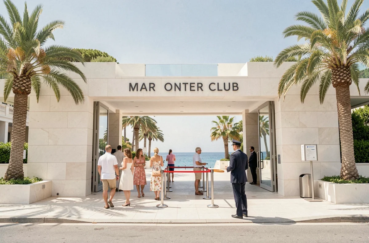 Entrée principale du Monte Carlo Sun avec poste de sécurité et palmiers en façade