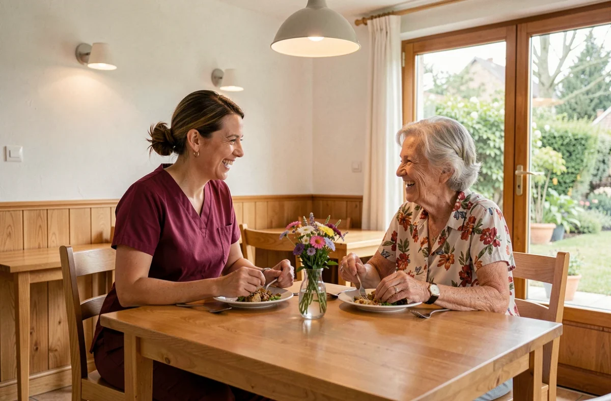 Une résidente et une accompagnatrice de la résidence Espace et Vie à Châteaubriant partageant un repas convivial