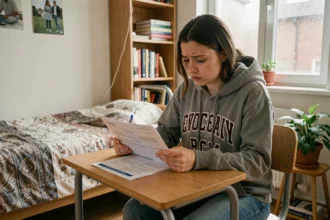 Étudiante lisant un contrat d'assurance habitation dans son studio universitaire