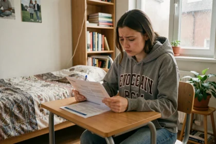 Étudiante lisant un contrat d'assurance habitation dans son studio universitaire