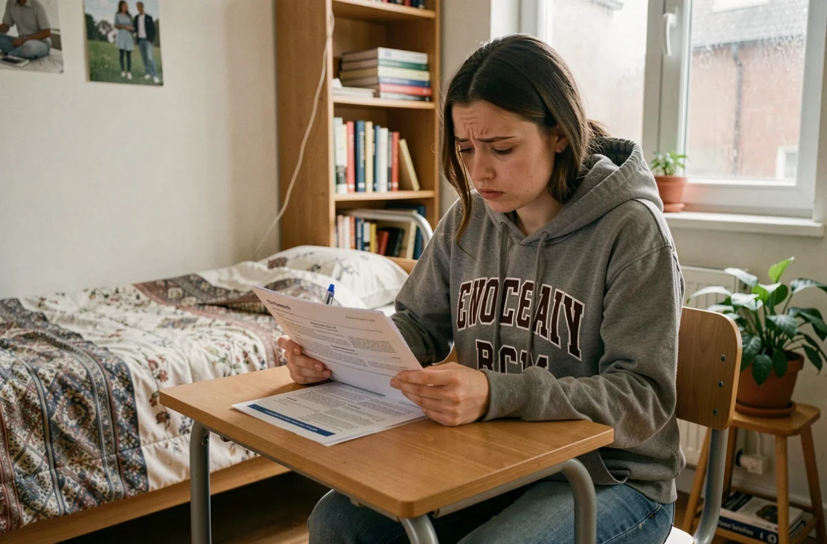 Étudiante lisant un contrat d'assurance habitation dans son studio universitaire