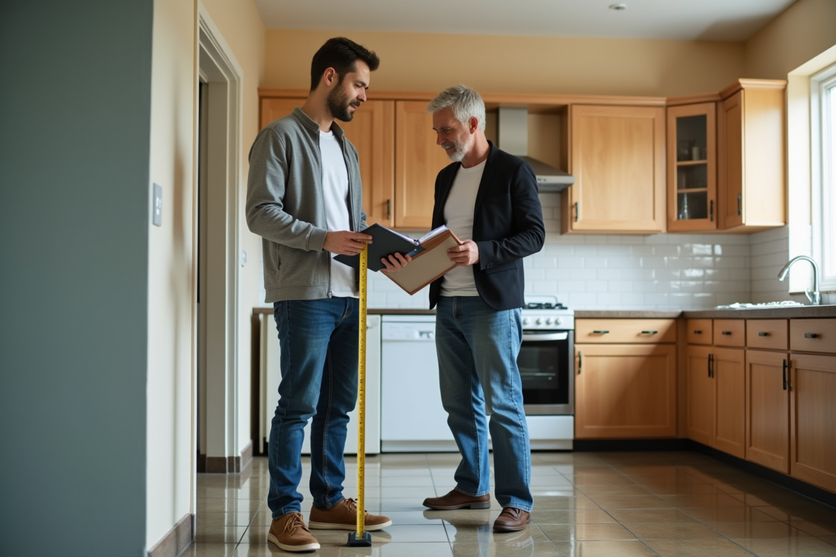 Expert en assurance et propriétaire mesurent les dégâts d