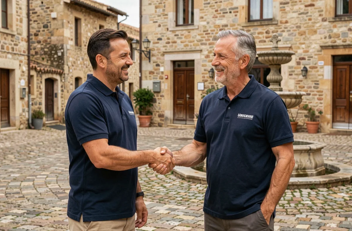 Deux experts diagnostiqueurs immobiliers Les Experts Occitans se serrant la main devant une maison de village du sud de la France